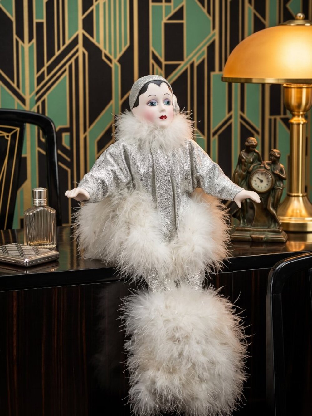 1985 Seymour Mann Art Deco Porcelain Doll 1920s Flapper Pierrot w/original box